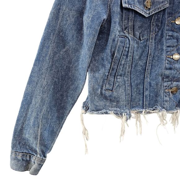 Sans Souci Jean Jacket Women's Size Small Embroidered Floral Cropped Distressed - Picture 6 of 16